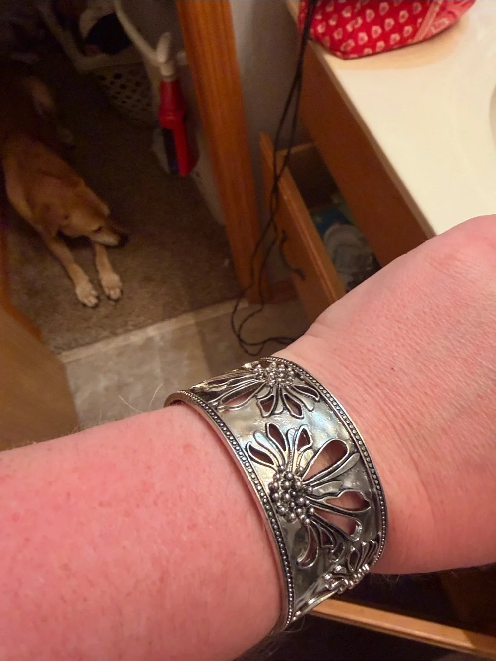 Floral Cutout Silver-Tone Cuff Bracelet